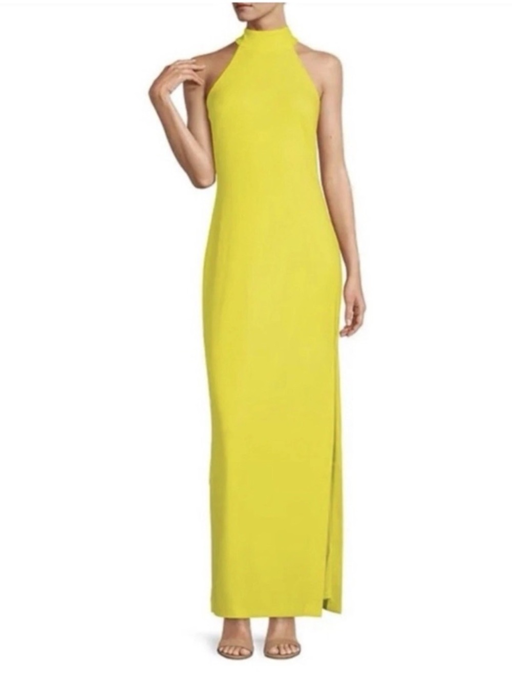 NWT Belle Badgley Mischka Reese Dress Halter Neck Crepe Side Slit Yellow Gown
